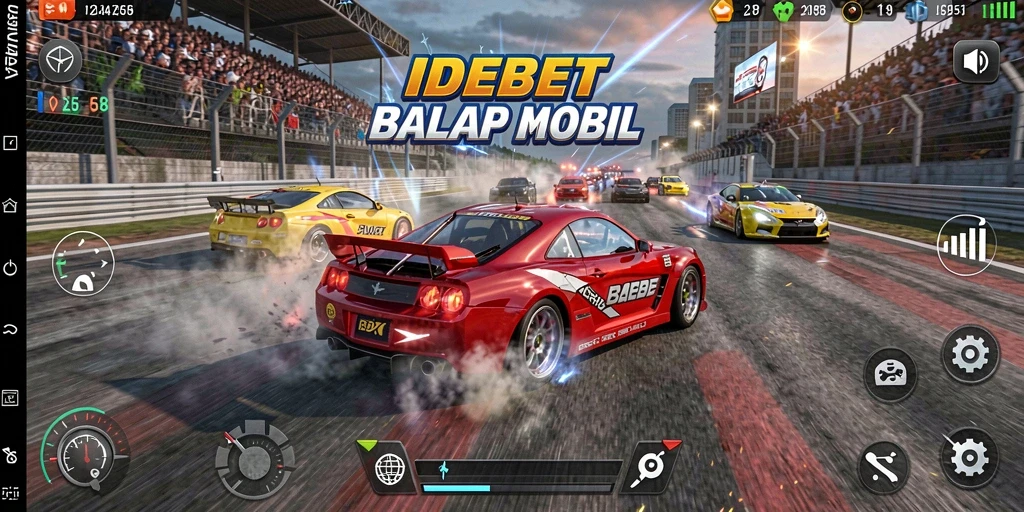 Screenshot gameplay IDEBET menampilkan aksi balapan mobil yang mendebarkan.