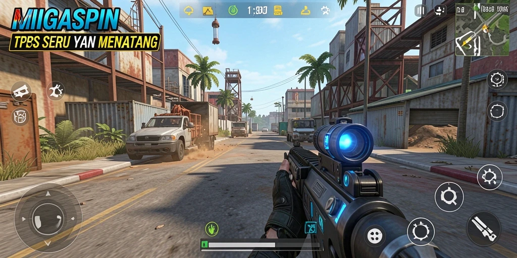 Tampilan gameplay MIGASPIN dengan aksi seru dan strategi TPS.