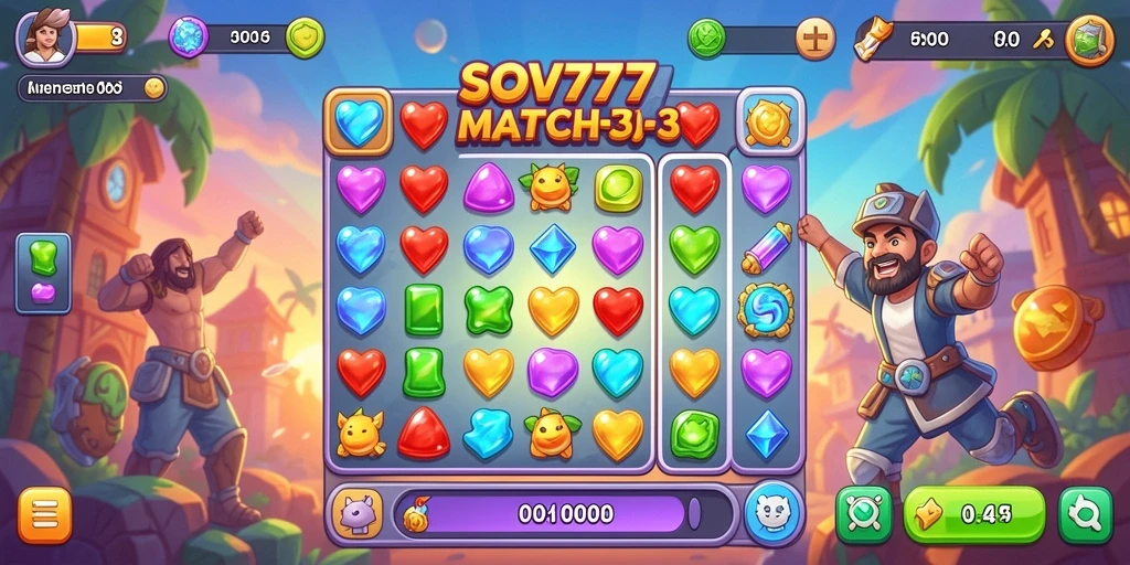 Tangkapan layar gameplay SOV777 yang menampilkan aksi mencocokkan permata yang seru.